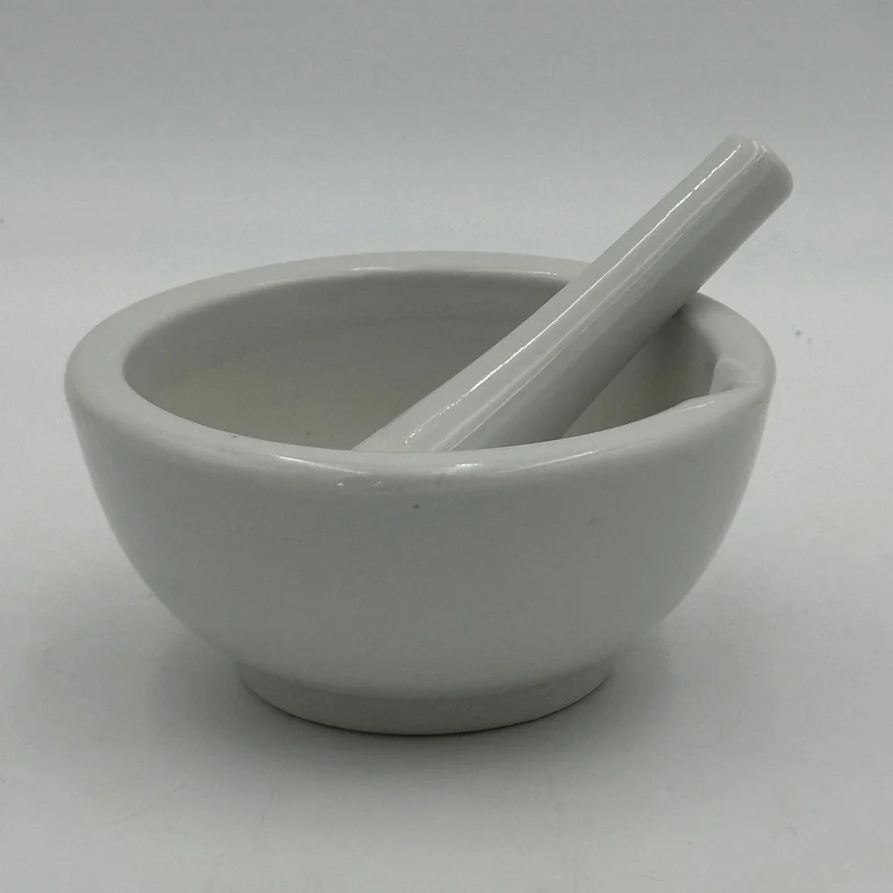 White Porcelain Mortar and Pestle Set with Pour Spout Ceramic Herb Grinder